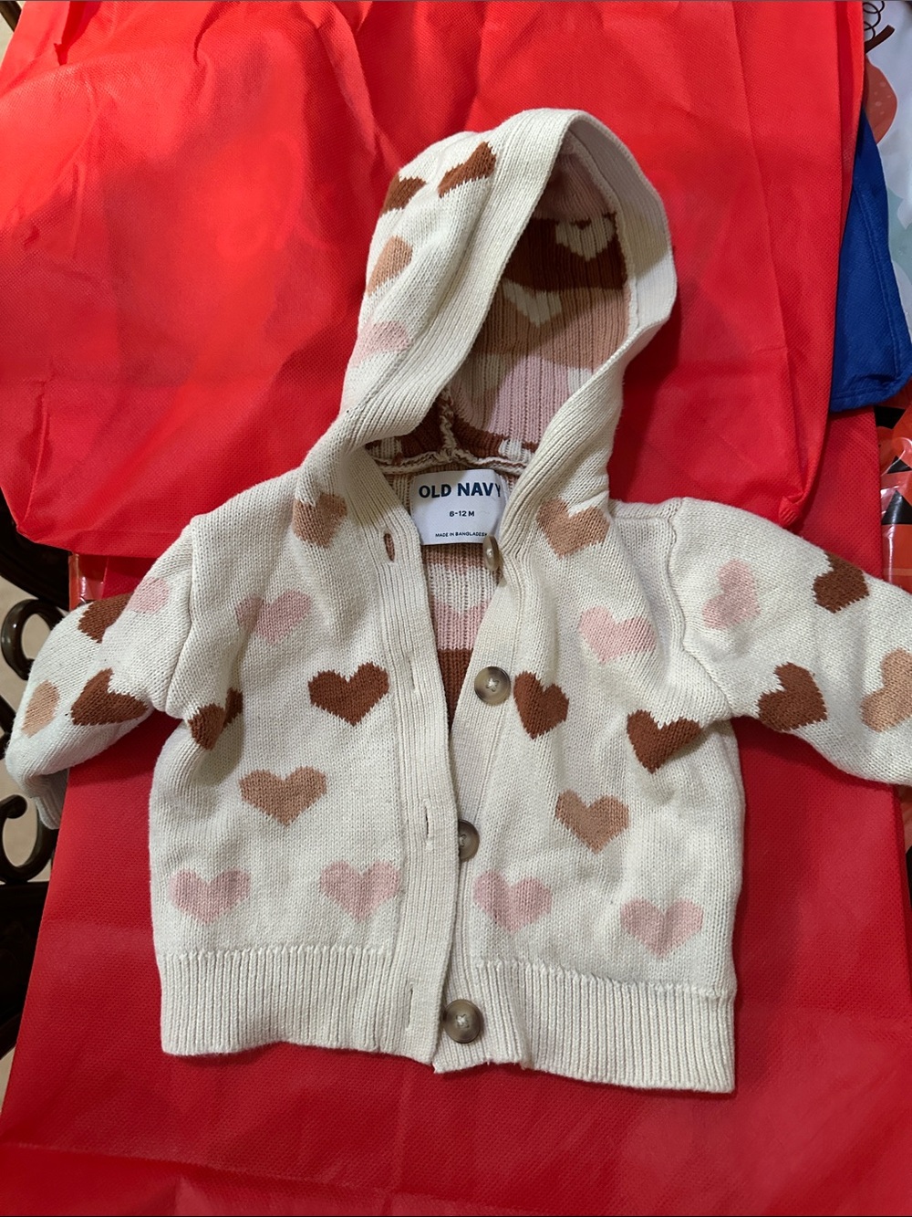Old Navy Cream Hooded Cardigan with Pink and Brown Hearts